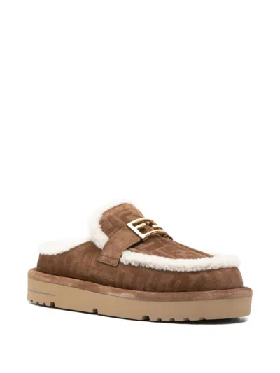 Fendi Women Beige Mules With Logo Lettering On The Rear And Ff Buckle In Suede Woman In Brown