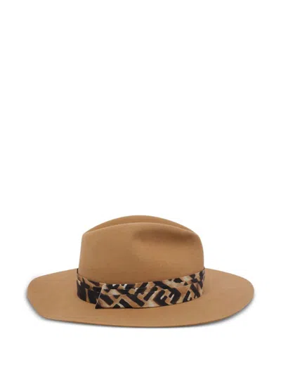 Fendi Stylish Wide Brim Hat With Decorative Band In Brown