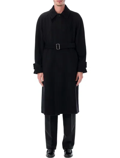 Ferragamo Long Belted Coat Side Pockets In Black
