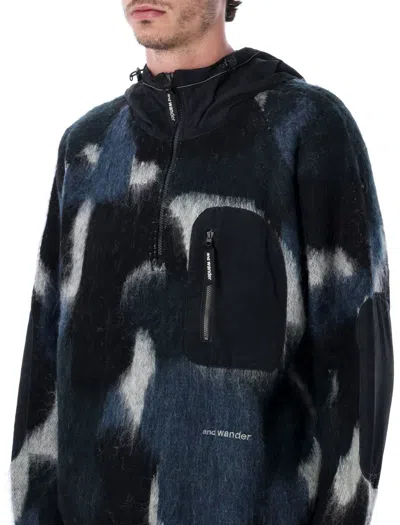 And Wander Mix Shaggy Knit Hoodie In Wool-mohair Blend In Black