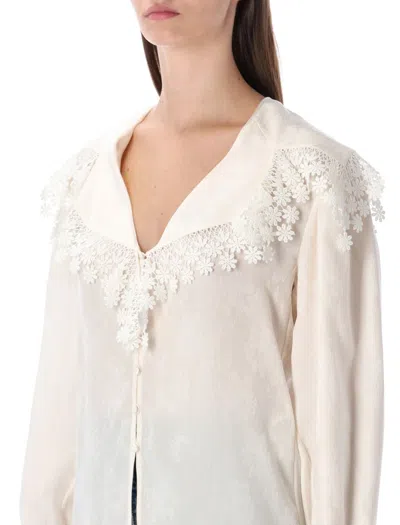 Chloé Blouse With A Maxi Collar In Silk Jacquard And Lace In Neutral