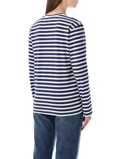 Comme Des Garçons Play Striped Navy And White T-shirt With Crystal Heart In Multi