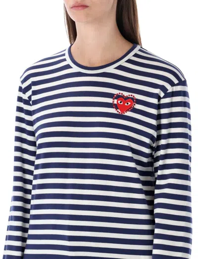 Comme Des Garçons Play Striped Navy And White T-shirt With Crystal Heart In Multi