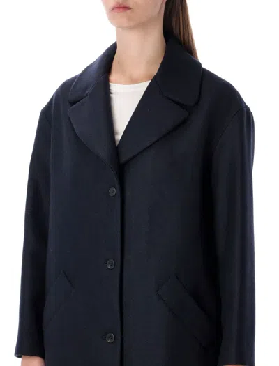 Apc Long Notched Lapel Single Breasted Coat In Blue
