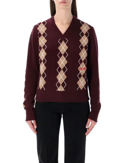 Chloé Burgundy Wool Cashmere Argyle Knit Sweater In Red