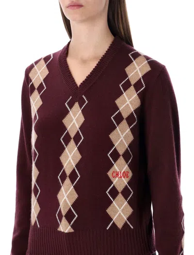 Chloé Burgundy Wool Cashmere Argyle Knit Sweater In Red