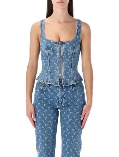 Marine Serre Moon Denim Bustier Top In Blue