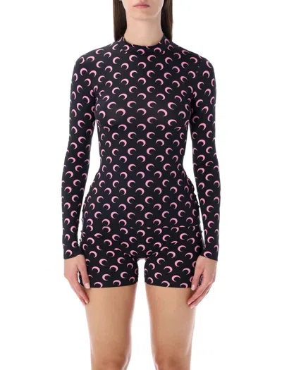 Marine Serre Moon Printed Jersey Long Sleeve Crewneck Top In Black