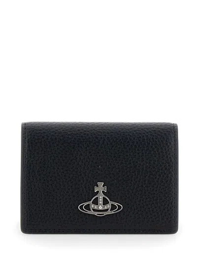 Vivienne Westwood Black Bi-fold Card Holder With Orb Detail On The Front In Grained Ecoleather Woman In Black