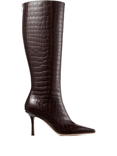 Jimmy Choo 85mm Agathe Croc-embossed Boots In Brown