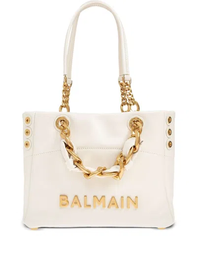 Balmain Small Crinkled Leather Tote Bag With Eyelet Embellishments In Neutral