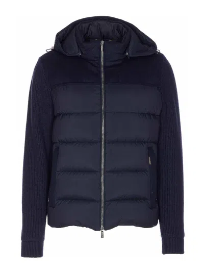 Moorer Hooded Padded Quilted Jacket Sleeves In Blue