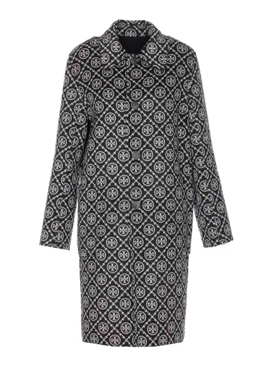 Tory Burch Jacquard Wool Coat With Monogram T In Black