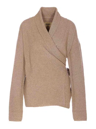 Uma Wang Wrap Cardigan With Belted Waist And Bow In Neutral