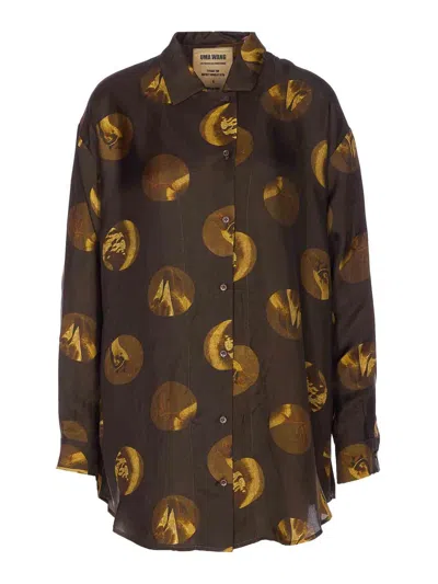 Uma Wang Long Sleeve Collared Printed Top In Brown