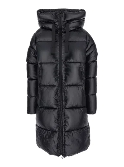 Save The Duck Long Quilted Down Jacket With High Collar And Plumtech Insulation In Black
