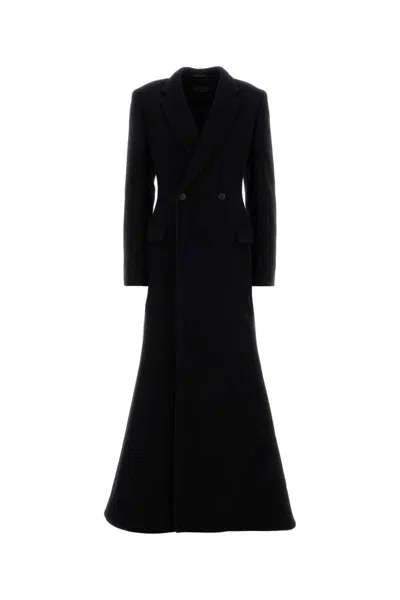 Balenciaga Double-breasted Long Wool Blend Coat With Flared Hem In Black