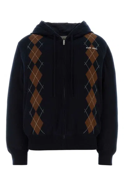 Miu Miu Navy Blue Cashmere Down Jacket In Black