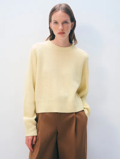 White & Warren Cashmere Ribbed Saddle Sleeve Crewneck Top In Chartreuse In Animal Print