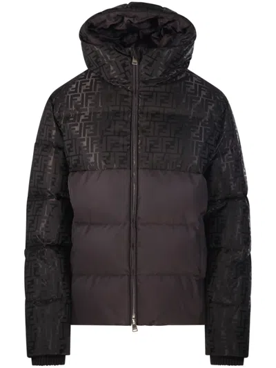 Fendi Women Brown Down Jacket With Drawstring Hood And Ff Motif In Tech Fabric Woman In Black