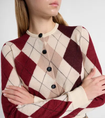 Khaite Charli Calf Hair-trimmed Argyle Cashmere And Mohair-blend Cardigan In Brown