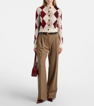 Khaite Charli Calf Hair-trimmed Argyle Cashmere And Mohair-blend Cardigan In Brown