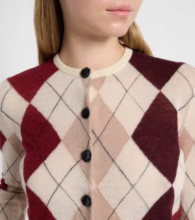 Khaite Charli Calf Hair-trimmed Argyle Cashmere And Mohair-blend Cardigan In Brown
