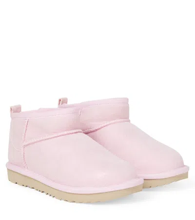 Ugg Classic Ultra Mini Pink Ankle Boots With Shearling Lining In Leather Girl In Pink