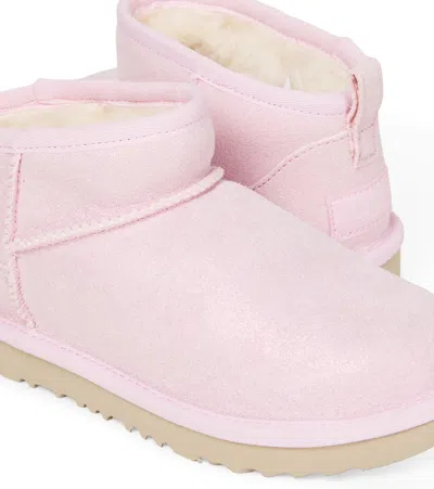 Ugg Classic Ultra Mini Pink Ankle Boots With Shearling Lining In Leather Girl In Pink