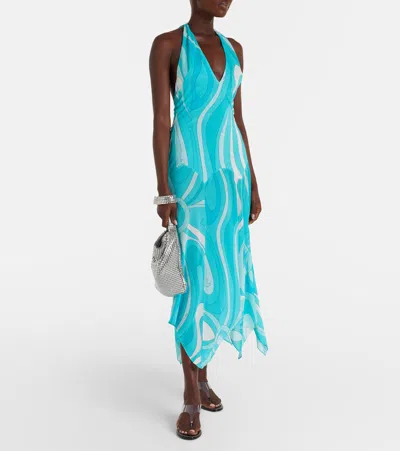 Pucci Iride Halterneck Jersey Midi Dress In Blue