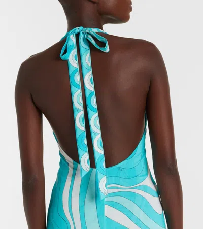 Pucci Iride Halterneck Jersey Midi Dress In Blue