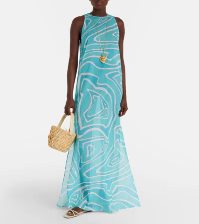Pucci Labirinto Cotton Gauze Maxi Dress In Blue