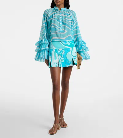 Pucci Orchidee Cotton-blend Gabardine Miniskirt In Blue