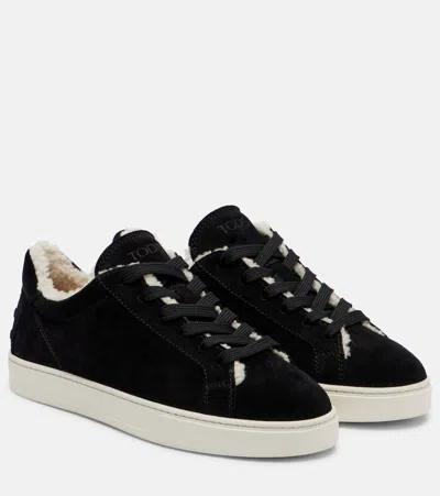 Tod's Cassetta Shearling-lined Suede Sneakers In Black