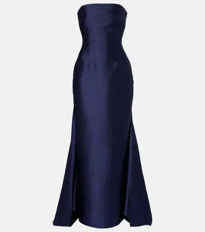 Solace London Imani Strapless Pleated Twill Gown In Blue
