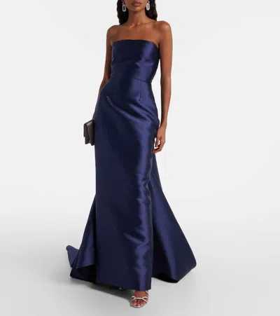 Solace London Imani Strapless Pleated Twill Gown In Blue