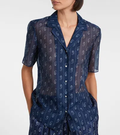 Tory Burch Printed Cotton And Silk Shirt In Blue