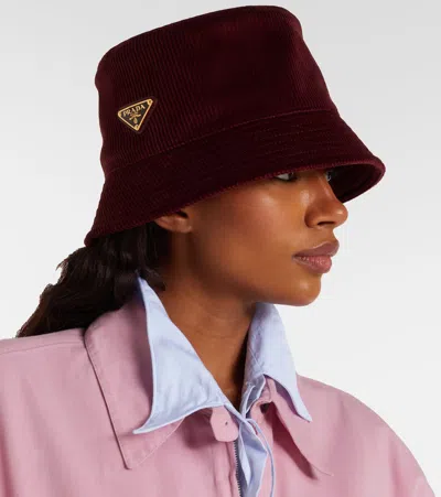 Prada Cotton Corduroy Bucket Hat In Burgundy