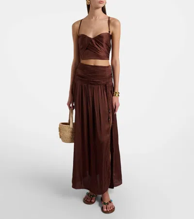 Poupette St Barth Palmire Satin Crop Top In Brown