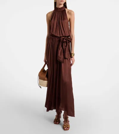 Poupette St Barth Nina Halterneck Satin Maxi Dress In Burgundy