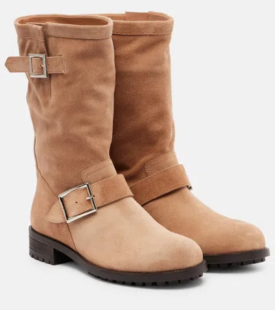 Jimmy Choo Biker Buckled Suede Ankle Boots In Nude
