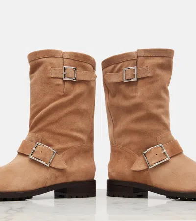 Jimmy Choo Biker Buckled Suede Ankle Boots In Nude