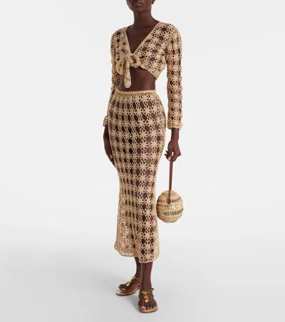 Anna Kosturova Bella Rosette Crochet Cotton Midi Skirt In Brown