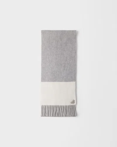 Prada Logo-triangle Fringed Cashmere Scarf In Gray