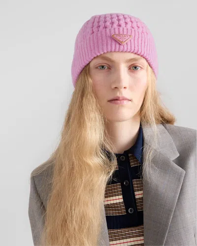 Prada Cable-knit Triangle-logo Beanie In Pink