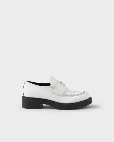 Prada Chocolate Patent Leather Loafers In White