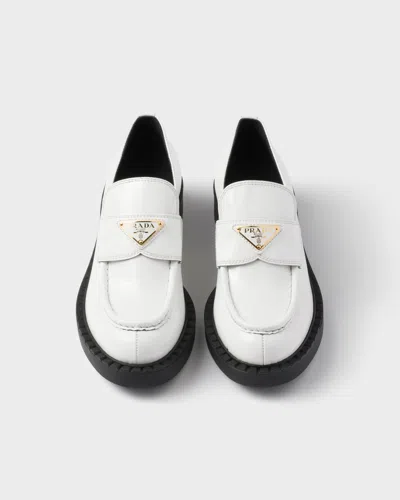 Prada Chocolate Patent Leather Loafers In White