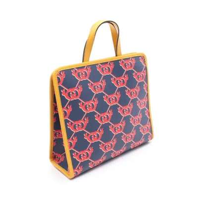 Pre-owned Gucci Navy Red Color Yellow Coated Canvas Leather Tote Bag ()