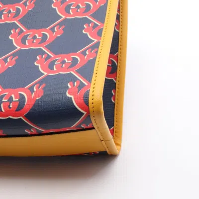 Pre-owned Gucci Navy Red Color Yellow Coated Canvas Leather Tote Bag ()