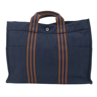Pre-owned Hermes Fourre Tout Brown Navy Cotton Canvas Tote Bag ()